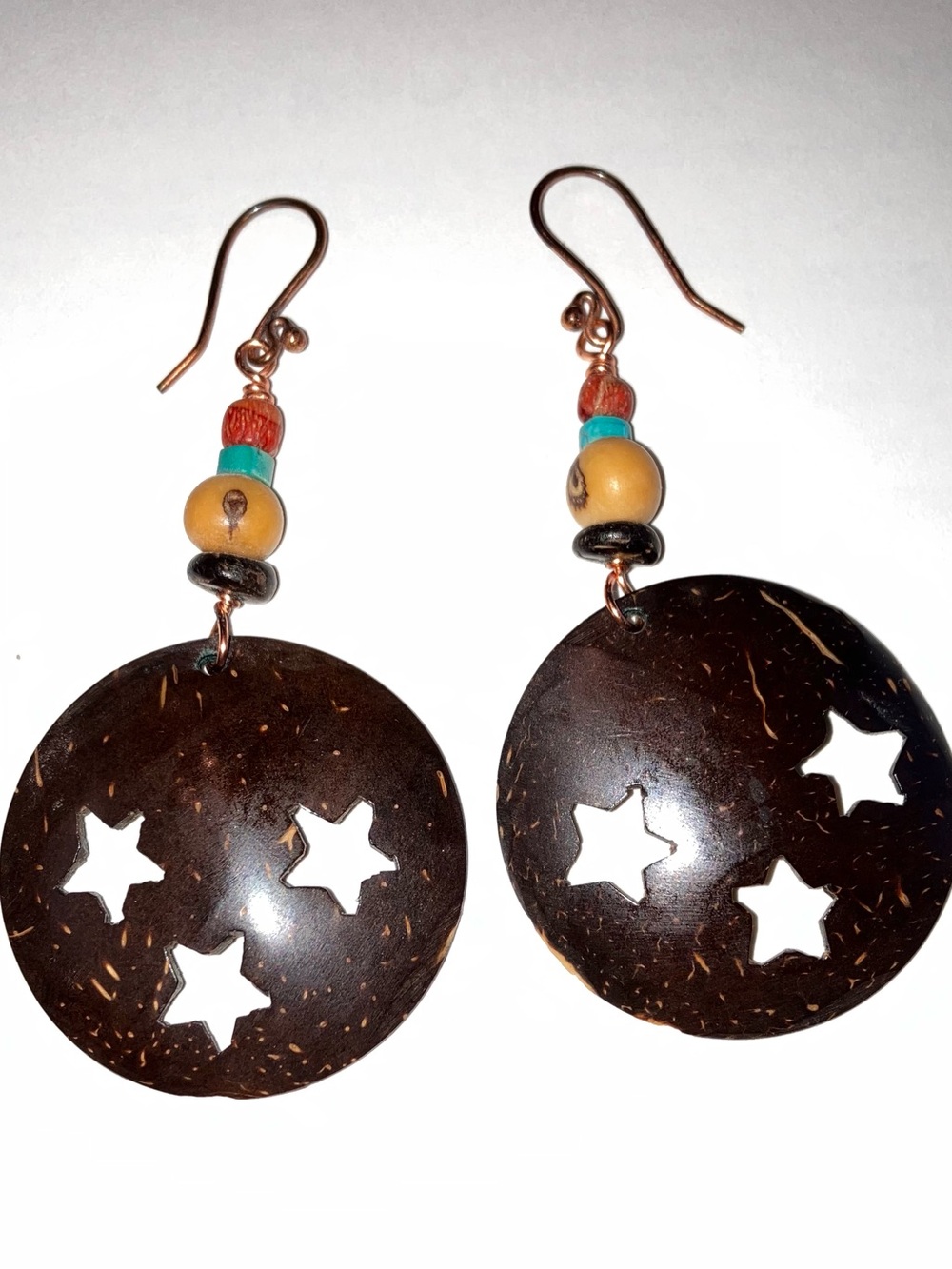 Handcrafted Boho Star-Cut Coconut Disk Drop Earrings